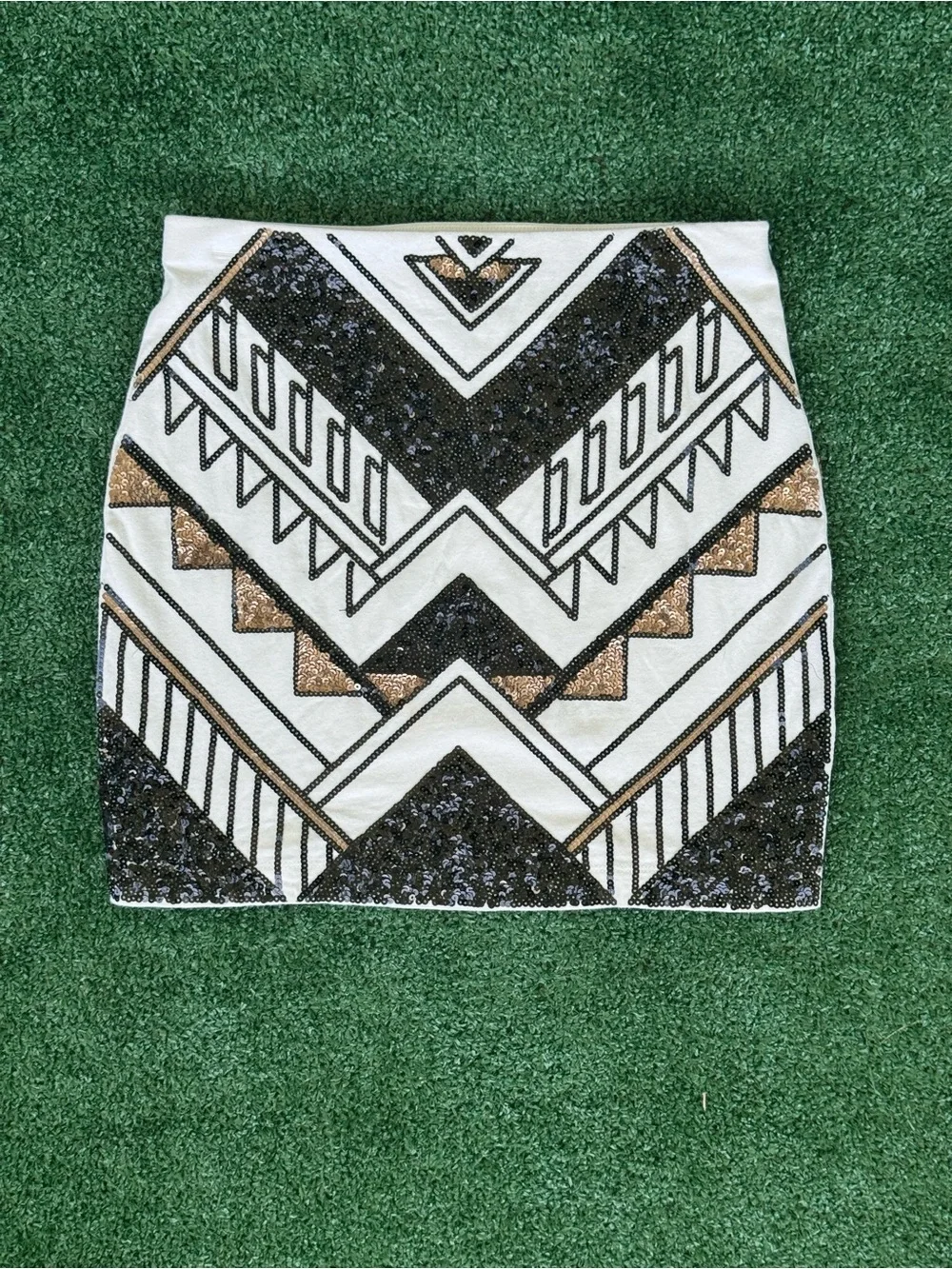 Express Sequin Geometric Mini Skirt XS Black Gold Art Deco